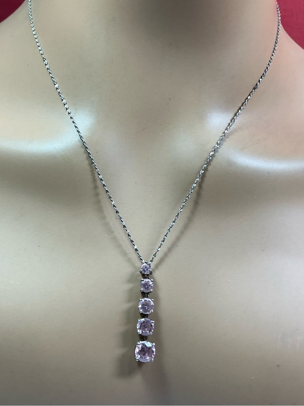 Sterling Silver Pink Gemstone Drop Necklace. 19.25 inches long